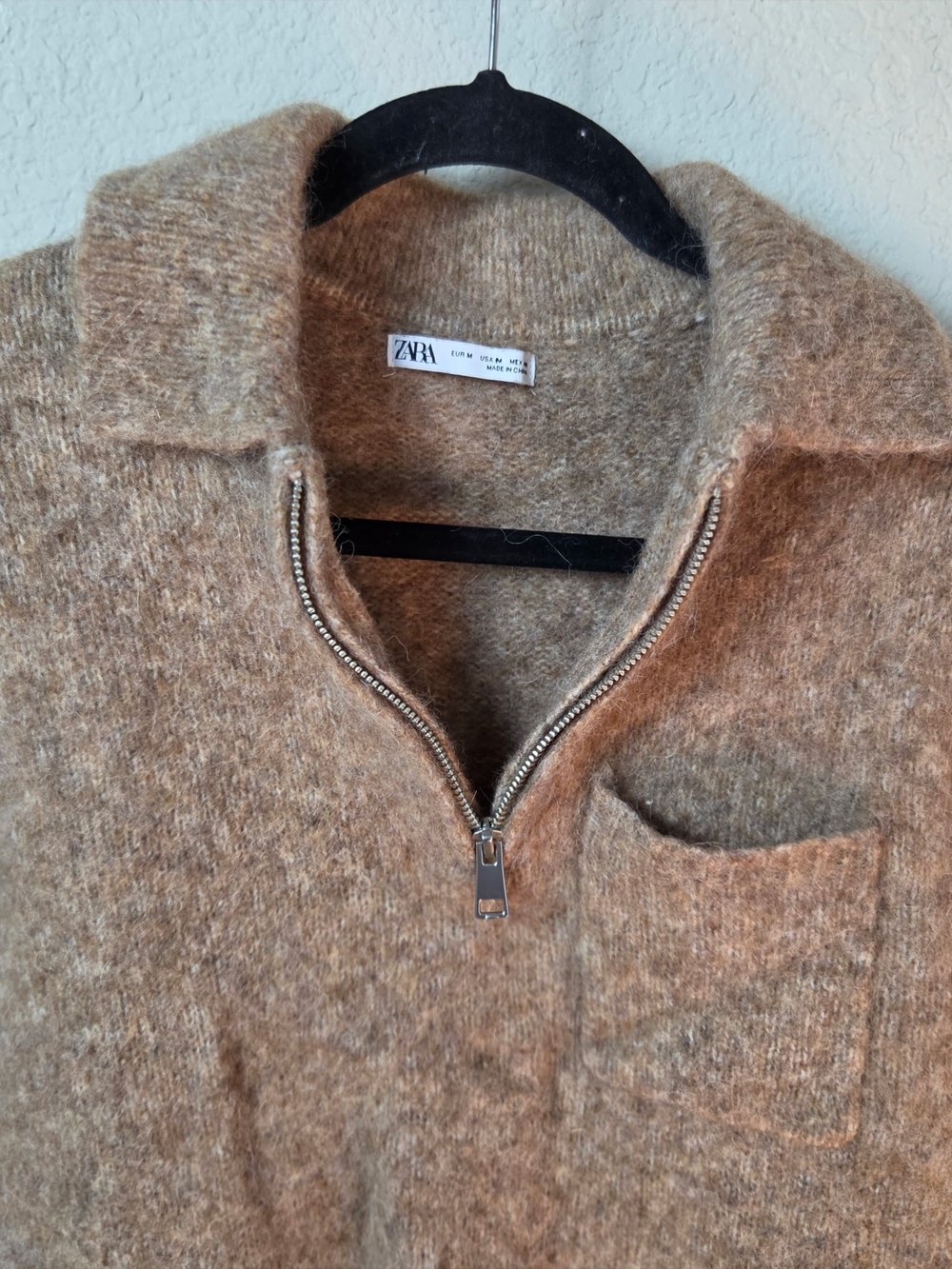 Zara Men's Tan Half-Zip Wool-Blend Sweater with Chest Pocket